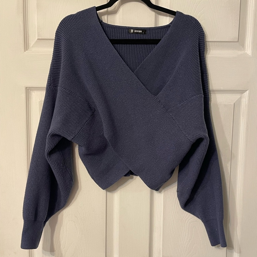 Ribbed V-Neck Wrap Sweater - Navy